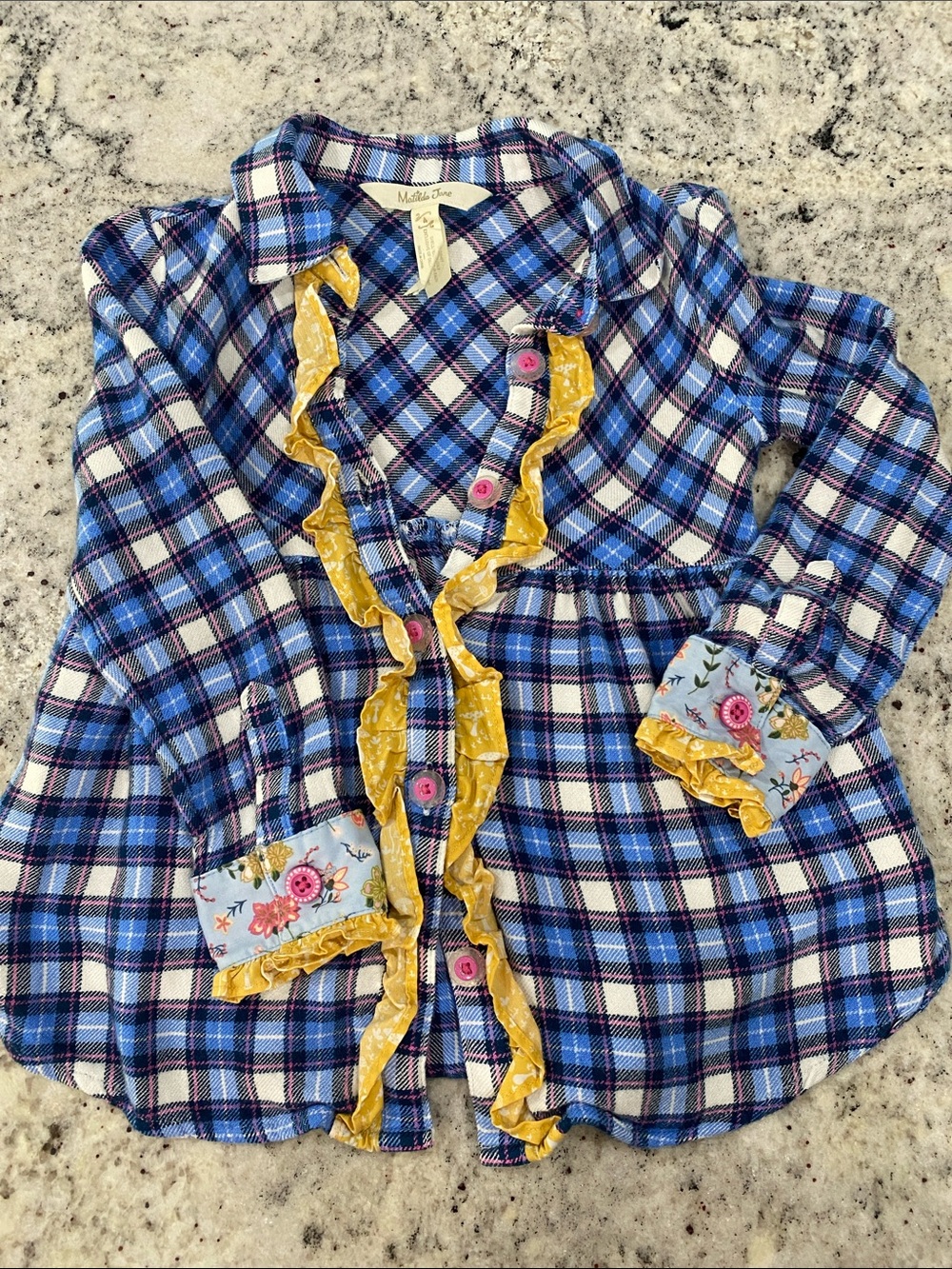 Matilda Jane Blue Plaid Button-Front Shirt with Yellow Ruffle & Floral Cuffs